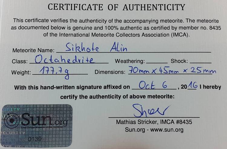 Sikhote-Alin 177.7 g with natural hole